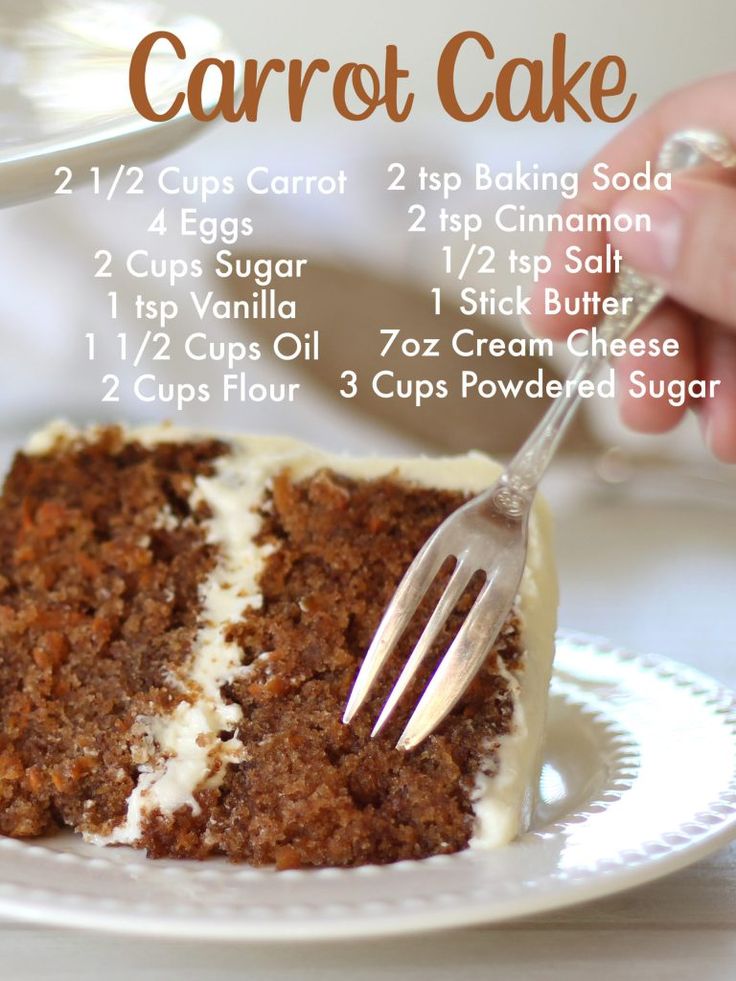 a piece of carrot cake on a white plate with a fork and instructions for how to make it