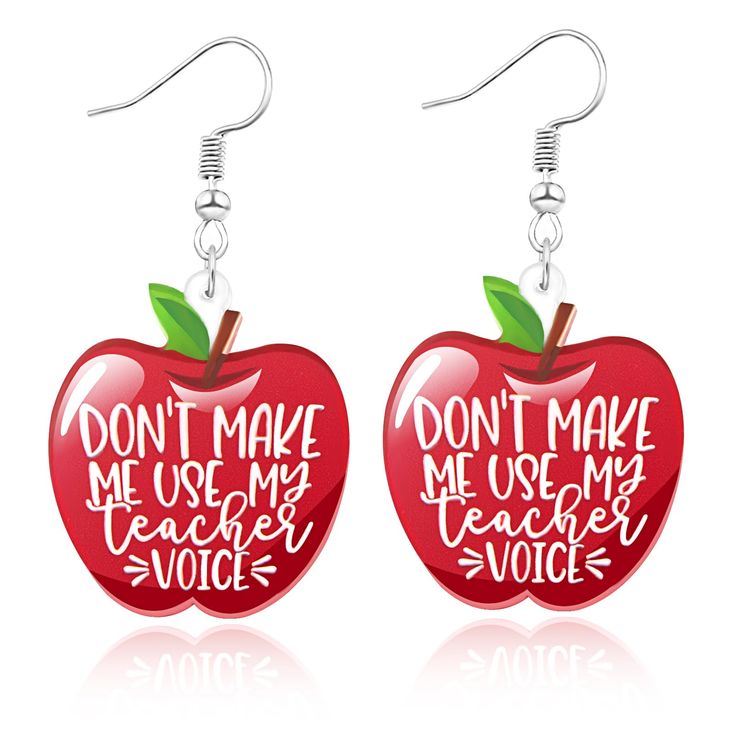 pair of red apple earrings with don't make me use my teacher voice written on them