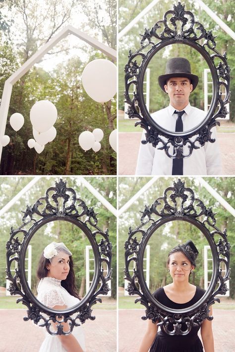 four different pictures of a man and woman with balloons in the shape of heart shapes