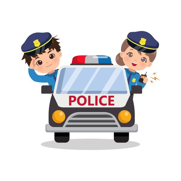 two police officers standing next to each other on the back of a police car, pointing at something