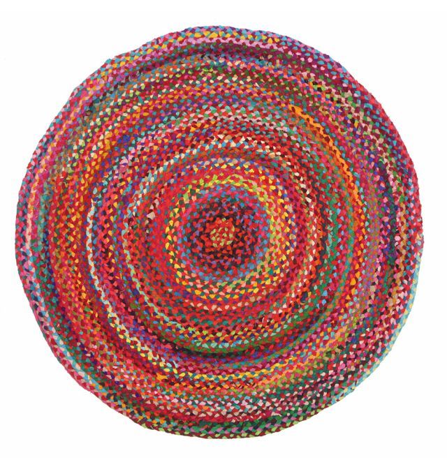 a multicolored round rug on a white background