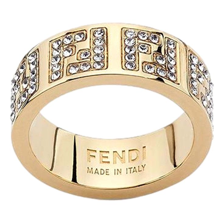 Elevate Your Style With The Iconic F Is Fendi Wide Band Crystal Ring, Featuring Engraved Letters On Gold-Finish Metal. This Classic Ring Includes Engraved Decoration In The F Is Fendi Shape And Decorated With Natural Crystals. Fashion-Forward And Elegant, This Ring Makes The Perfect Finish For Any Outfit. Gift This Gorgeous Ring Or Add It To Your Personal Designer Collection, Only From Fendi. Model: 8ah399 Size: Small (Us Size 5.5) Gold-Finished Metal Ring With Engraved With Ff Logo Decorated Wi Prada Rings, Crystals Fashion, Engraved Letters, Fendi Jewelry, Ff Logo, Gorgeous Ring, Crystal Ring, Metal Ring, Classic Ring