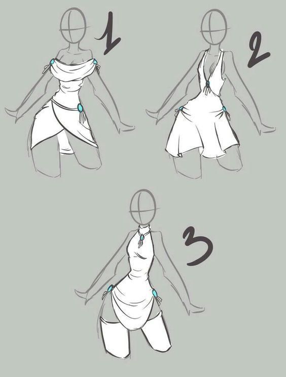 the steps to draw a woman's dress in three different ways, including how to tie