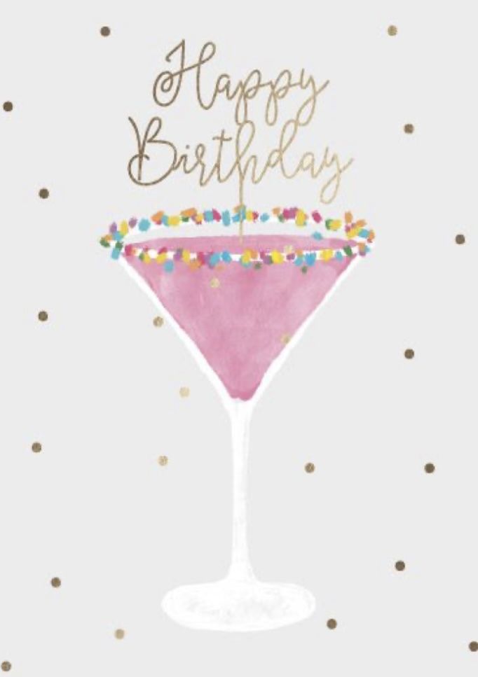 a pink cocktail with sprinkles on it and the words happy birthday written in gold