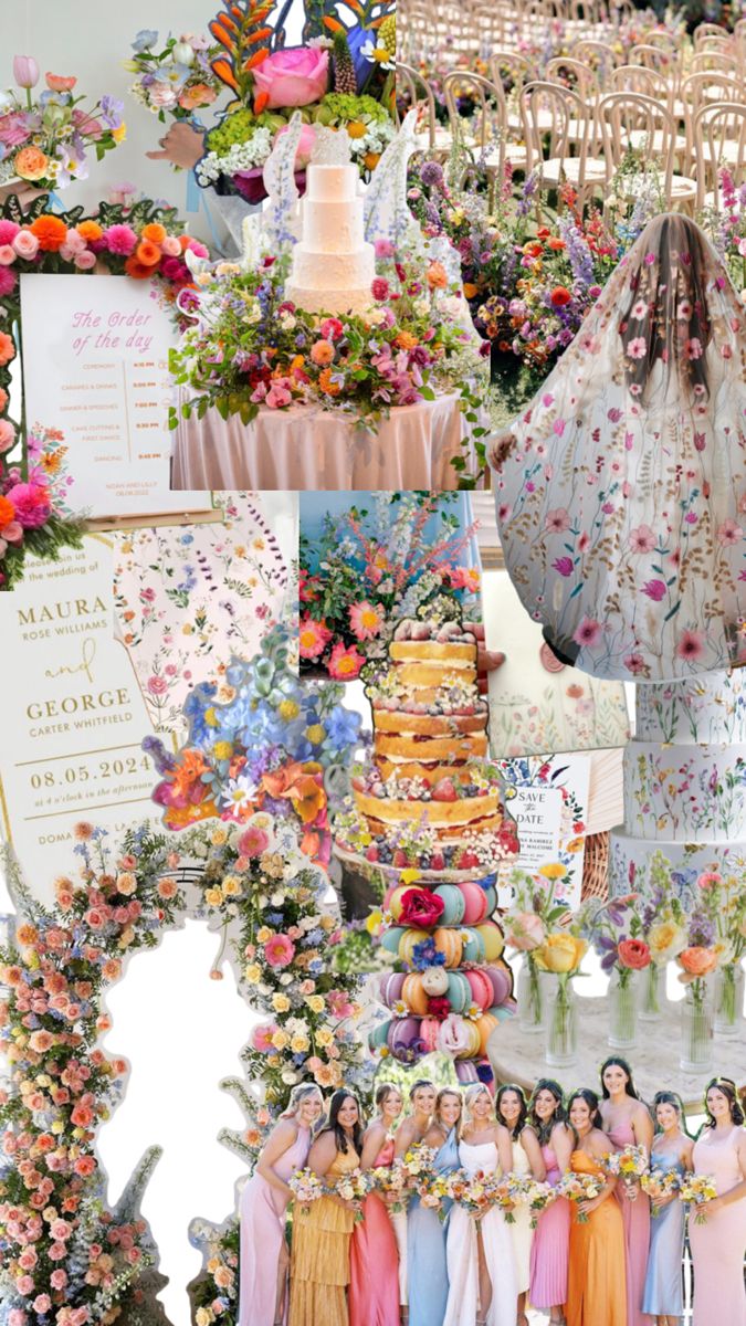 a collage of photos with flowers and wedding gowns on display in front of them