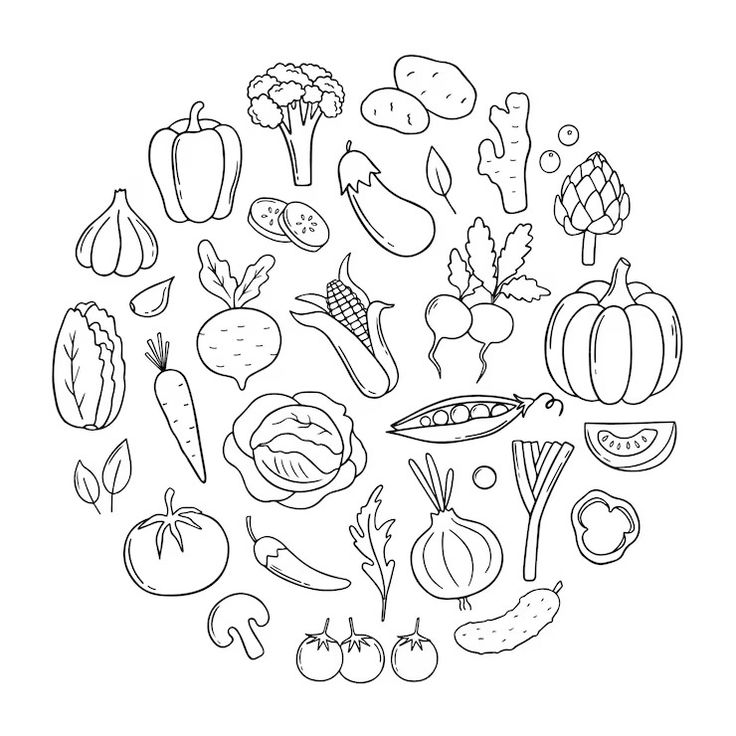 a black and white drawing of vegetables in the shape of a circle on a white background