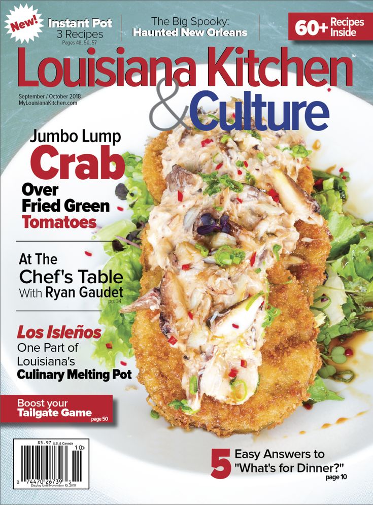 the front cover of louisiana kitchen and culture magazine, featuring an image of food on a plate