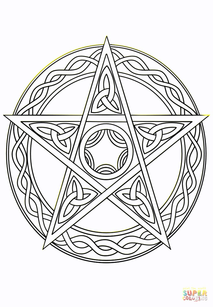 a pentagramil with an inverted star in the middle and celtic designs around it