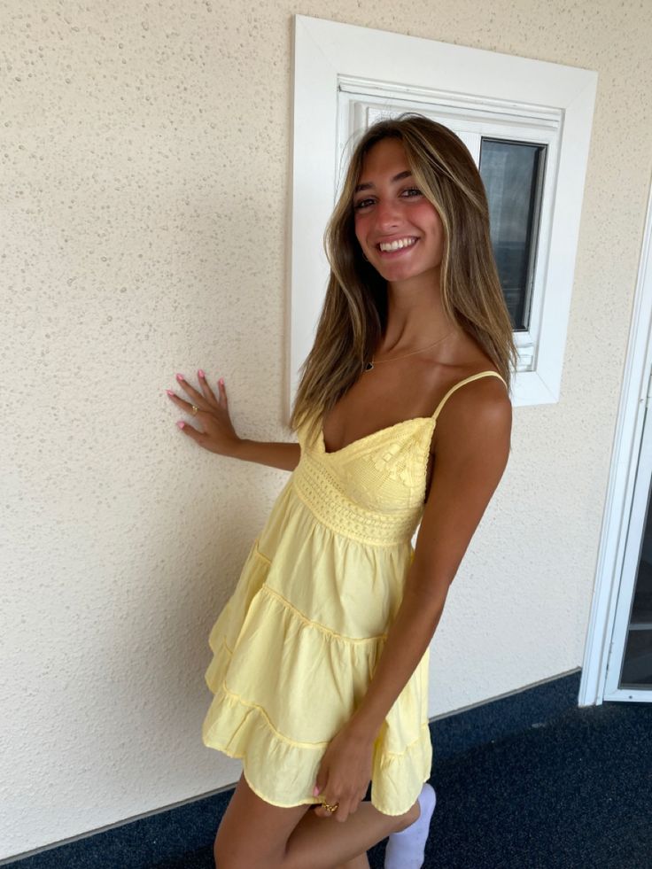 Yellow Summer Dress Aesthetic, Blanco By Nature, Sundress Outfit Short, Yellow Sundress Aesthetic, Cute Summer Dresses Aesthetic, Sundresses Aesthetic, Yellow Sundress Outfit, Summer Dress 2024, Summer Beach Fits