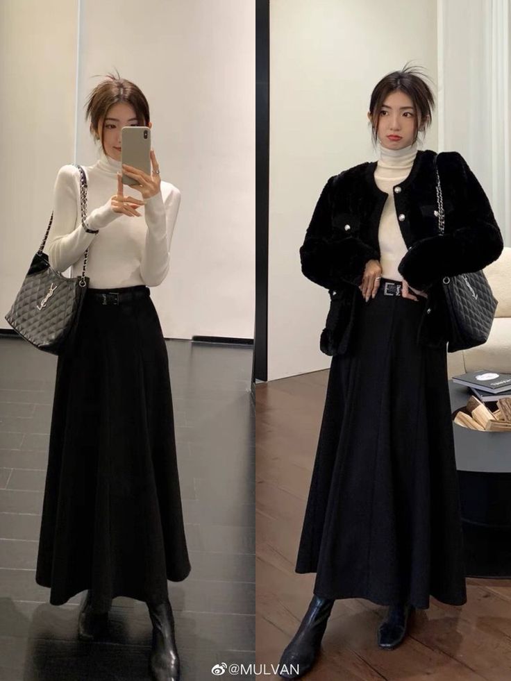 Floral Skirt Korean Outfit, Black Skirt Classy Outfit, Work Outfit Long Skirt, Winter Long Black Skirt Outfit, Korean Outfits Long Skirt, Black Outfit Korean Casual, Long Black Skirt Outfit Winter Korean, Black Skirt Modest Outfit, Black Long Skirt Outfit Korean