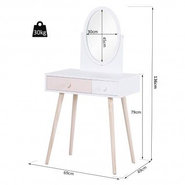 a white vanity table with a mirror on top and wooden legs in front of it