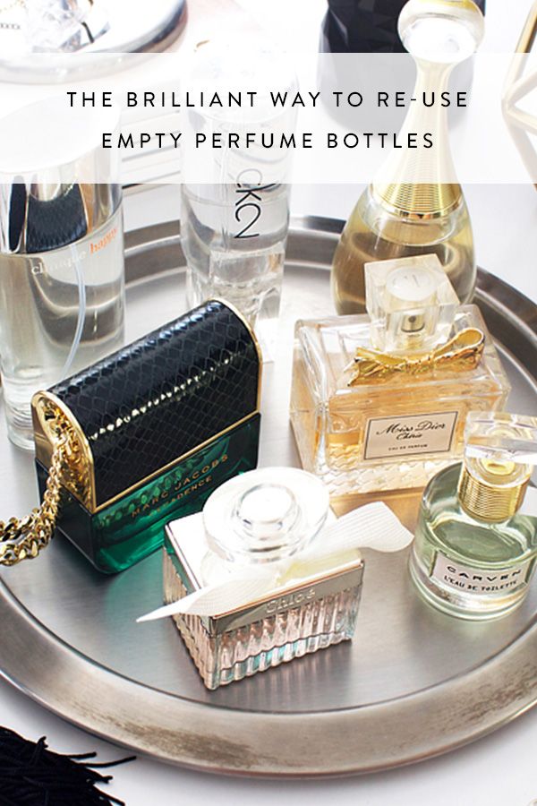 the brilliant way to reuse empty perfume bottles is by using it as a tray