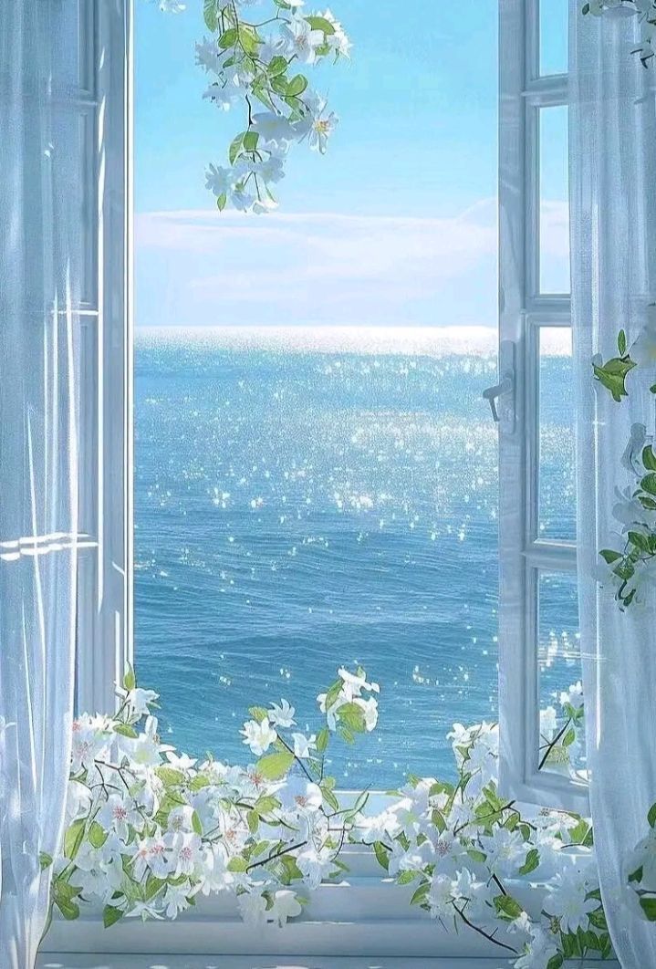 an open window overlooking the ocean with white flowers on it and water in the background