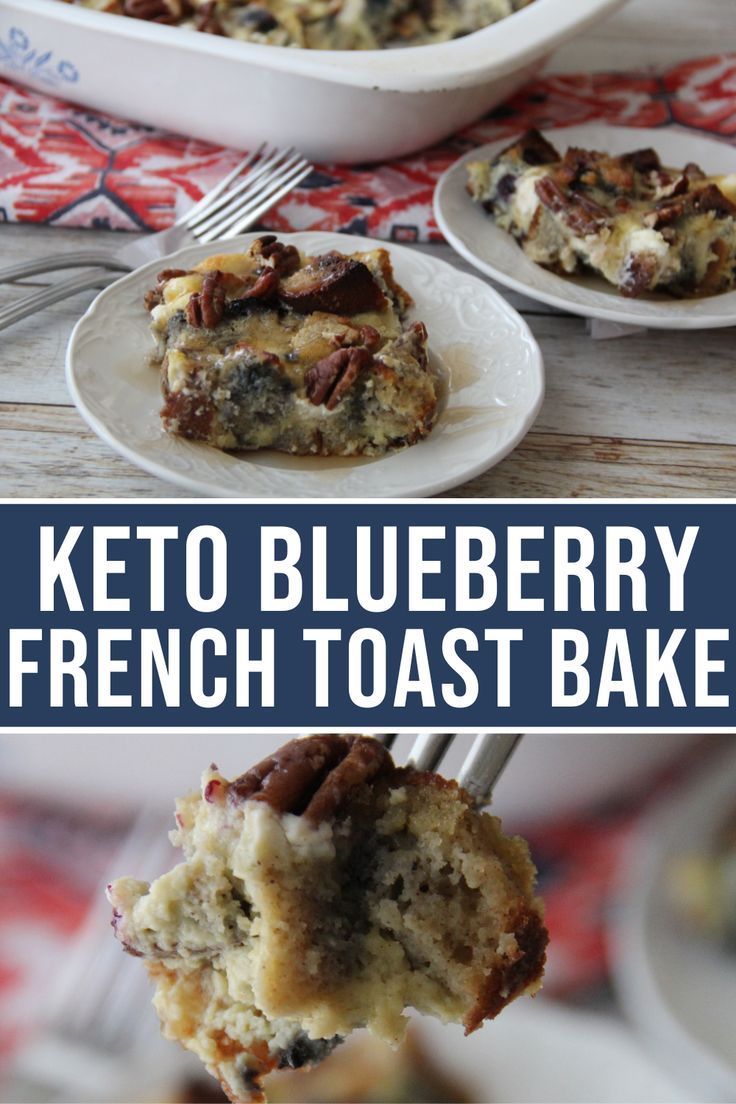 keto blueberry french toast bake on a white plate with a fork in it