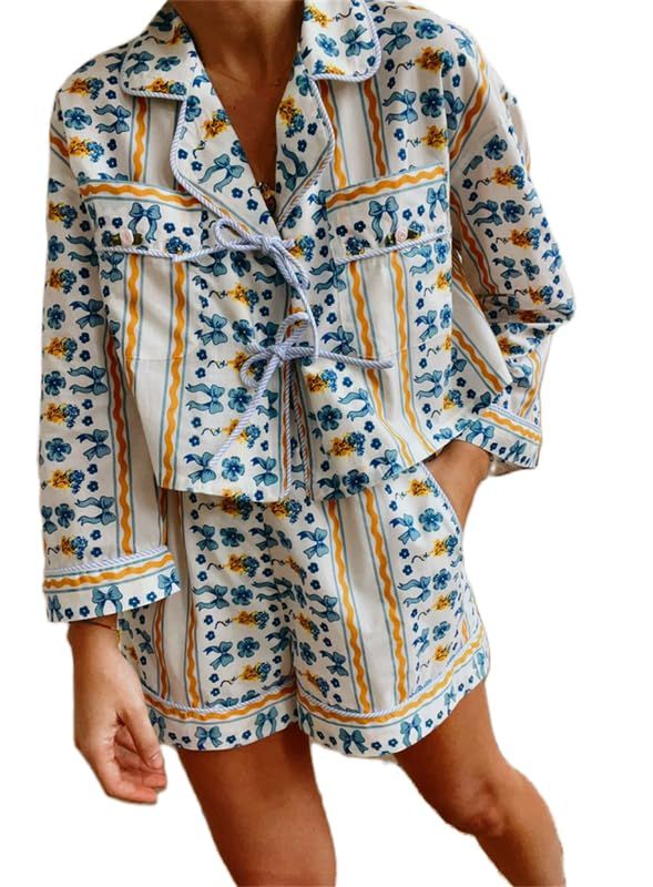 PRICES MAY VARY. Material: Women casual lounge sets are made of 35% cotton and 65% polyester fabric, soft, breathabel, lightweight and skin friendly to wear. Design: Women 2 piece loungewear set, y2k Peplum Shirt Shorts Set, women 2pcs pjs sets, women 2 piece outfits set, women summer casual sets, cute short puffle sleeve, trendy tie front shirt, V-neck shirt, Y2k babydoll blouse, plaid, floral printing, matching with high wiast plaid shorts, elagant and charming to wear. Occasions: Casual daily Bowknot Blouse, Full Sleeve Blouse, Wide Leg Shorts, Loungewear Outfits, Shorts Sets, Short Loungewear, Peplum Shirts, Front Tie Top, Floral Stripe