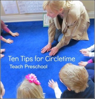 a woman kneeling on the ground surrounded by children in front of a blue carpet with text that reads ten tips for circletime teach preschool