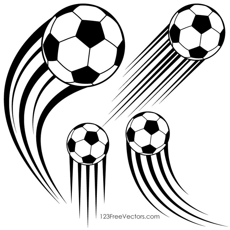 three soccer balls flying through the air with black and white lines coming out of them