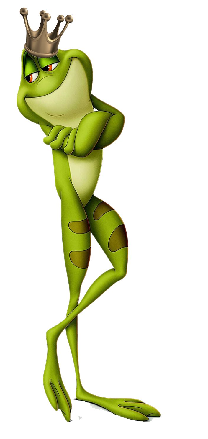 a cartoon frog with a crown on his head and arms stretched out to the side