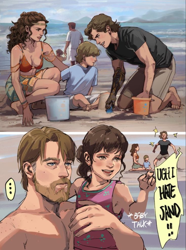 two comics with people on the beach and one is holding a child's hand