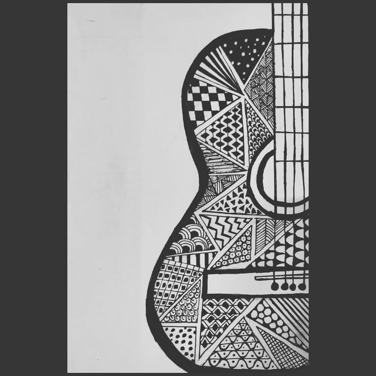 a black and white drawing of an ukulele with geometric designs on it's body