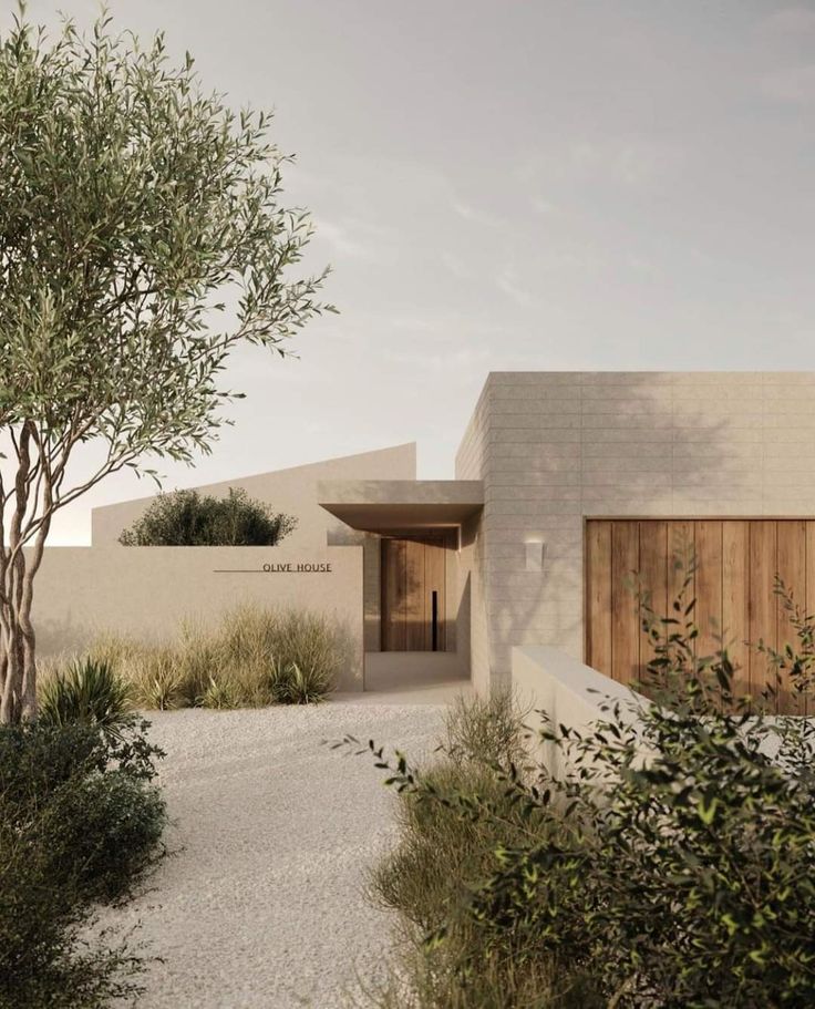 an architectural rendering of a house with trees and shrubs around it, in the desert