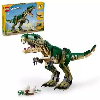 a lego dinosaur with its mouth open in front of a box