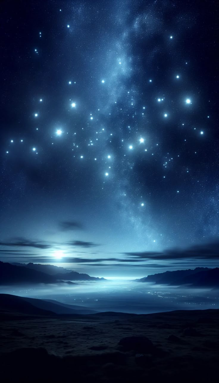 the night sky is filled with stars and bright blue lights, as well as clouds