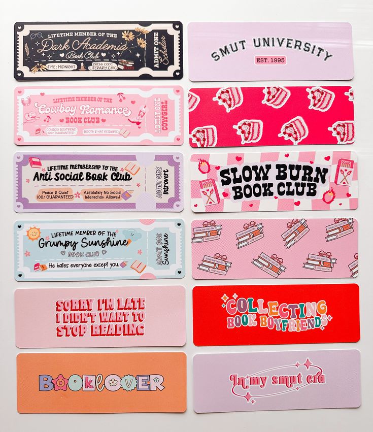 six bookmarks with different sayings on them in various shapes and sizes, all lined up against a white background