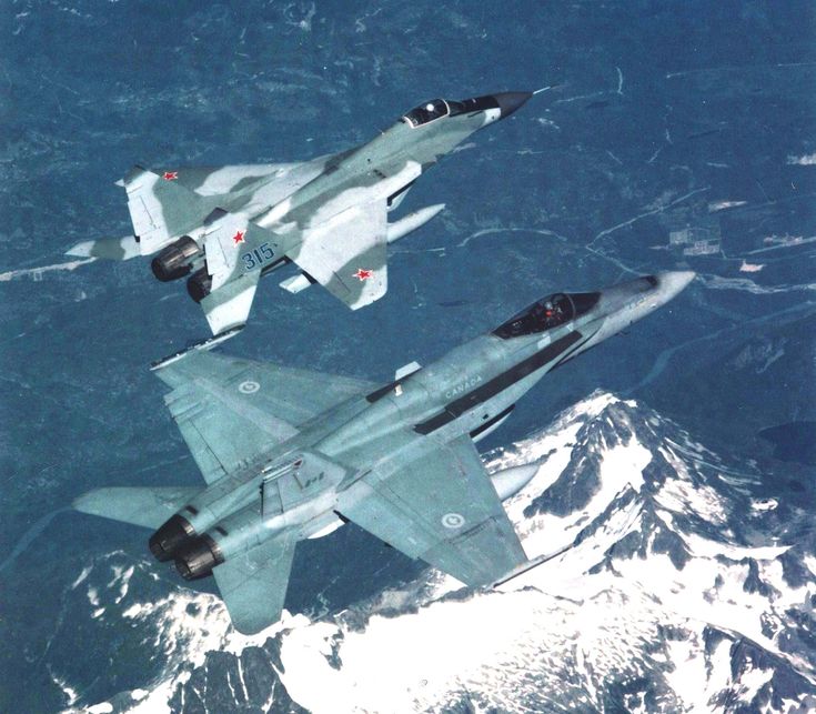 two fighter jets flying side by side in the sky over mountains and water with snow on them