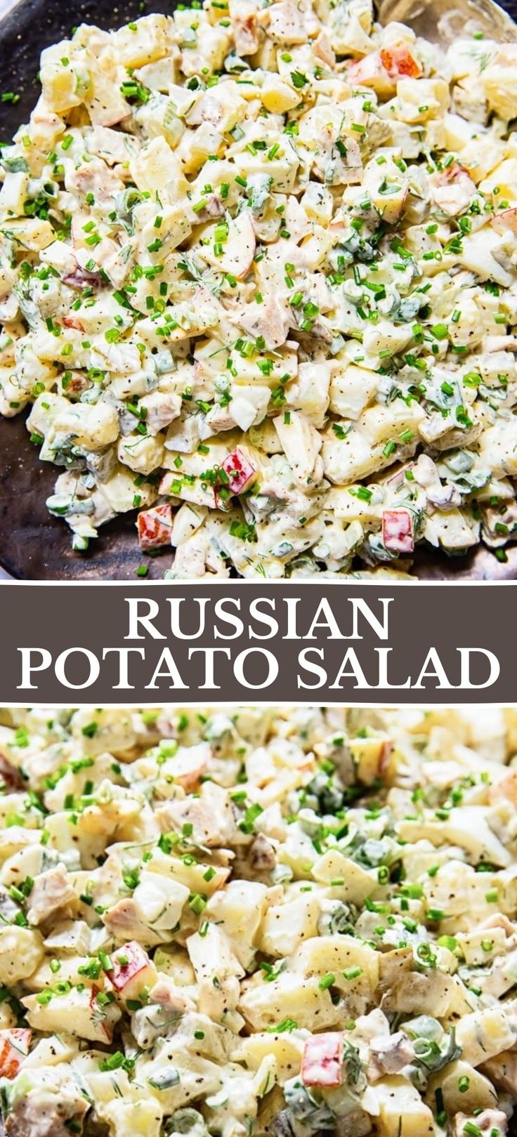 russian potato salad in a skillet and before and after it has been cooked, with the rest of the dish ready to be eaten