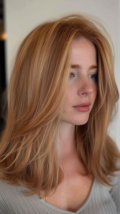 #hairstyleideas Lily Bloom Hair Color, No Layers Long Hair, Golden Retriever Hair Color, Lowlights On Ginger Hair, Redhead Money Piece, Virgin River Mel Hair, Old Money Red Hair, Shoulder Length Ginger Hair, Mid Length Red Hair