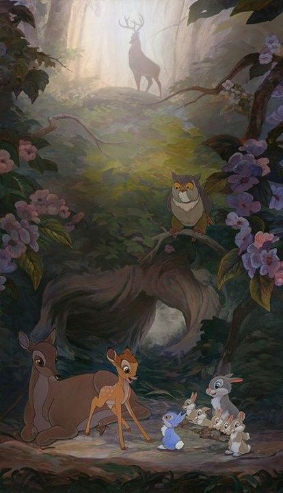 an animated scene with many animals in the woods