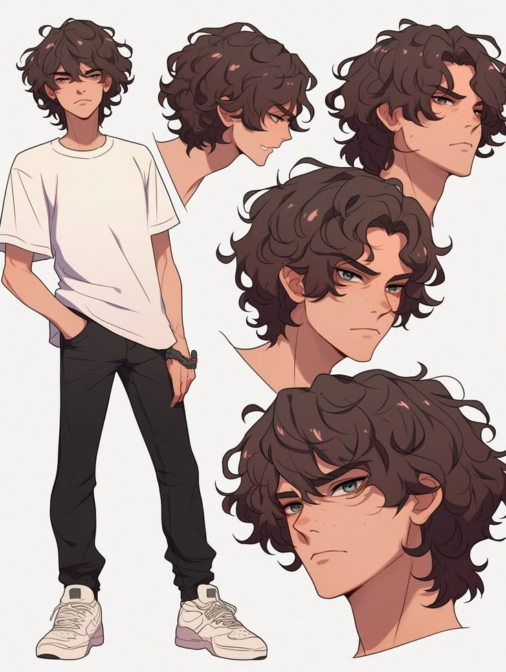 an image of a man with curly hair and different poses for the character's face