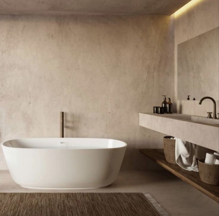 a large white bath tub sitting on top of a bathroom floor next to a sink