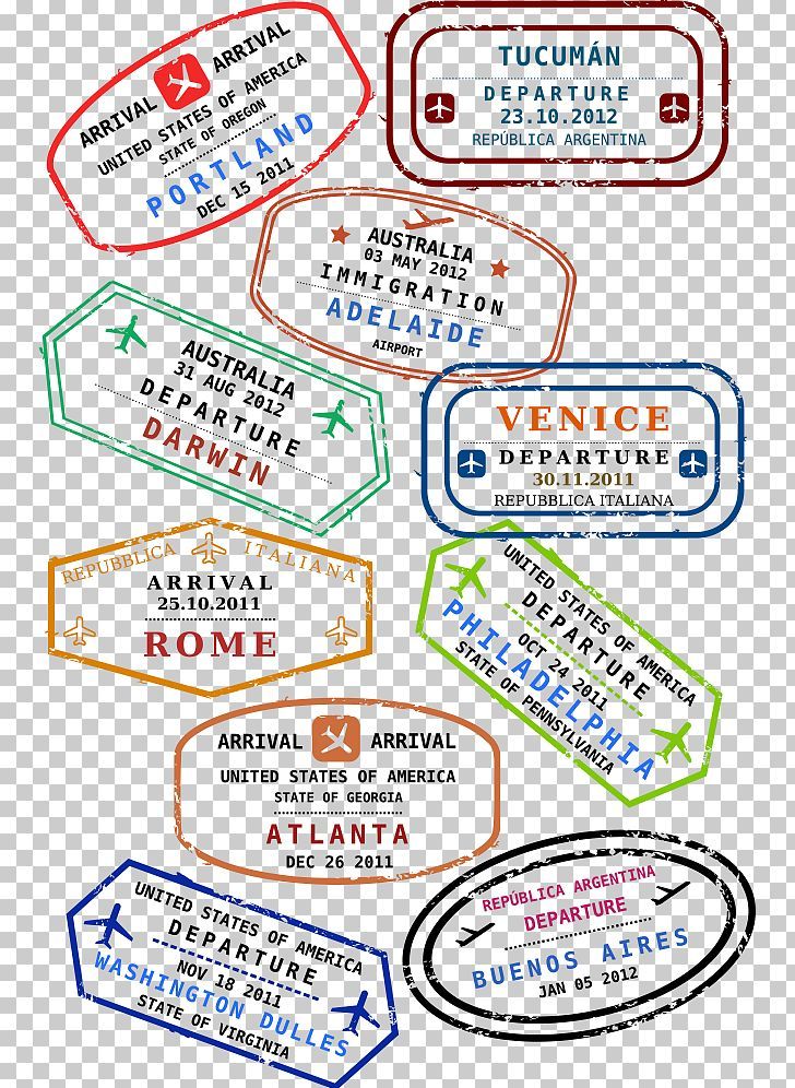 several different colored stamps with the names of various countries and their respective destinations on them