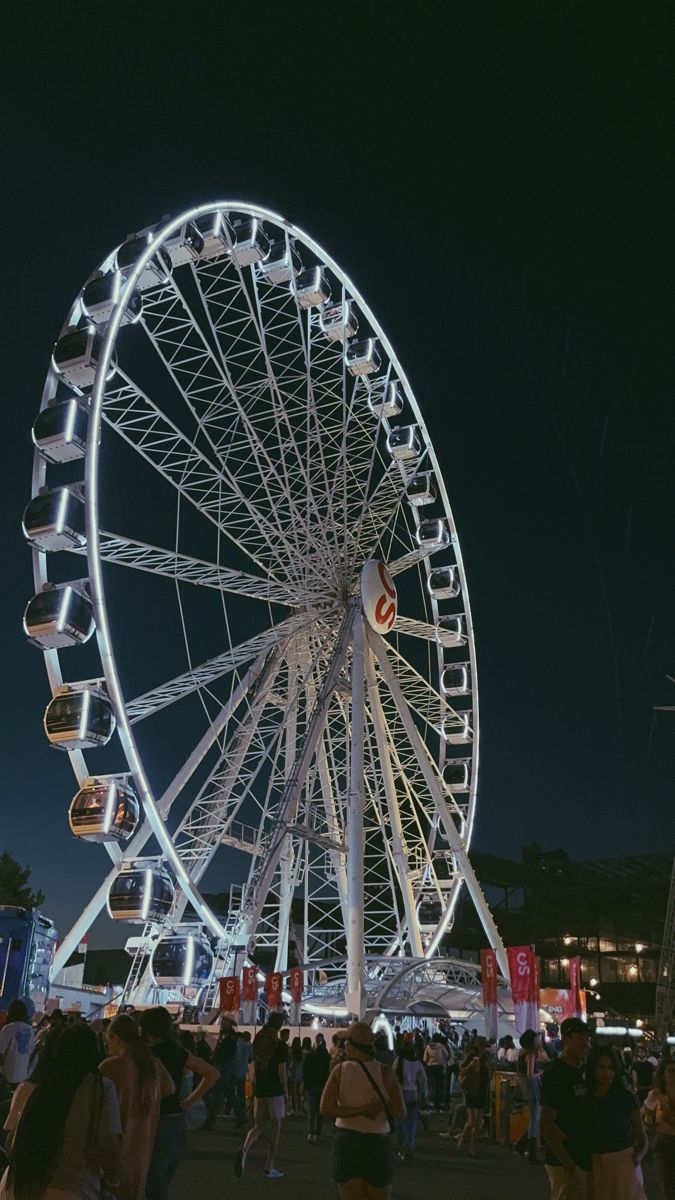 the ferris wheel is lit up at night with people walking around it and onlookers in the background