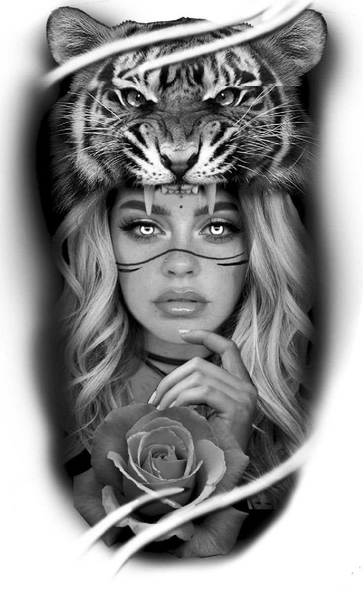 a woman with a tiger on her head and a rose in front of her face