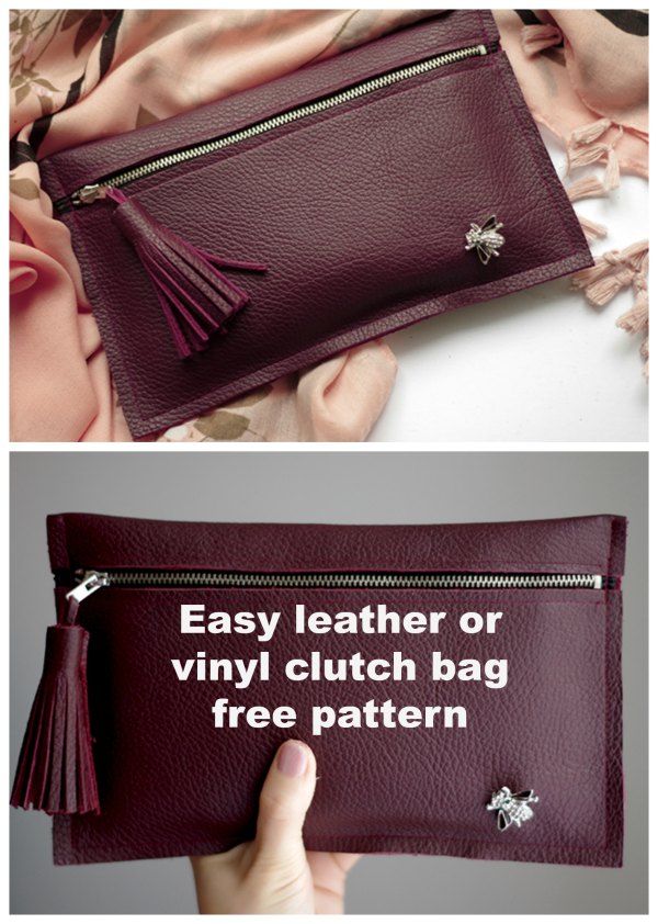 a woman holding a purse with the words easy leather or vinyl clutch bag free pattern