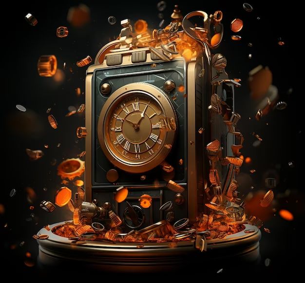 an old clock surrounded by confetti and falling gold pieces on a black background