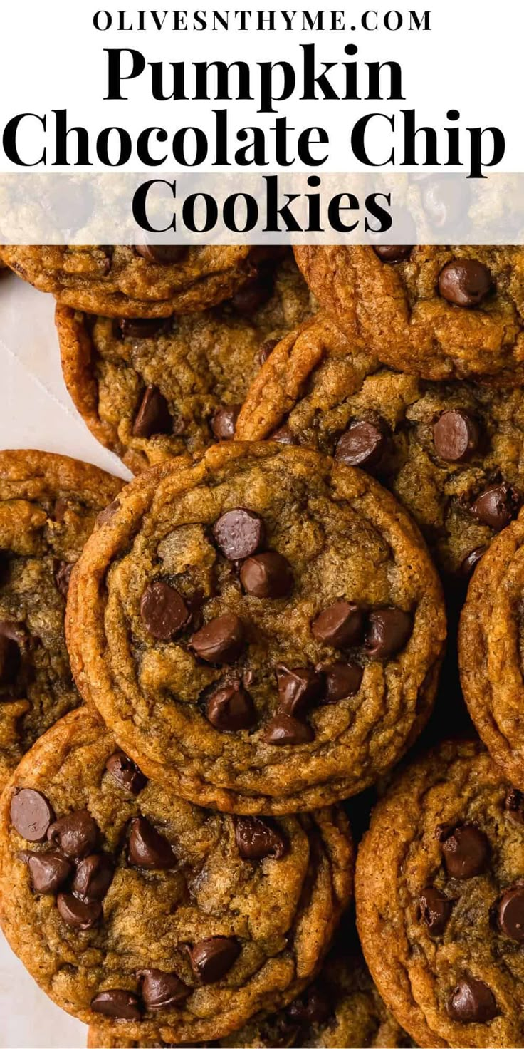 pumpkin chocolate chip cookies stacked on top of each other with the title overlay above