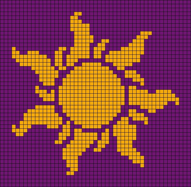 an image of a yellow and purple pixellated pattern on a purple background, with the sun in the center