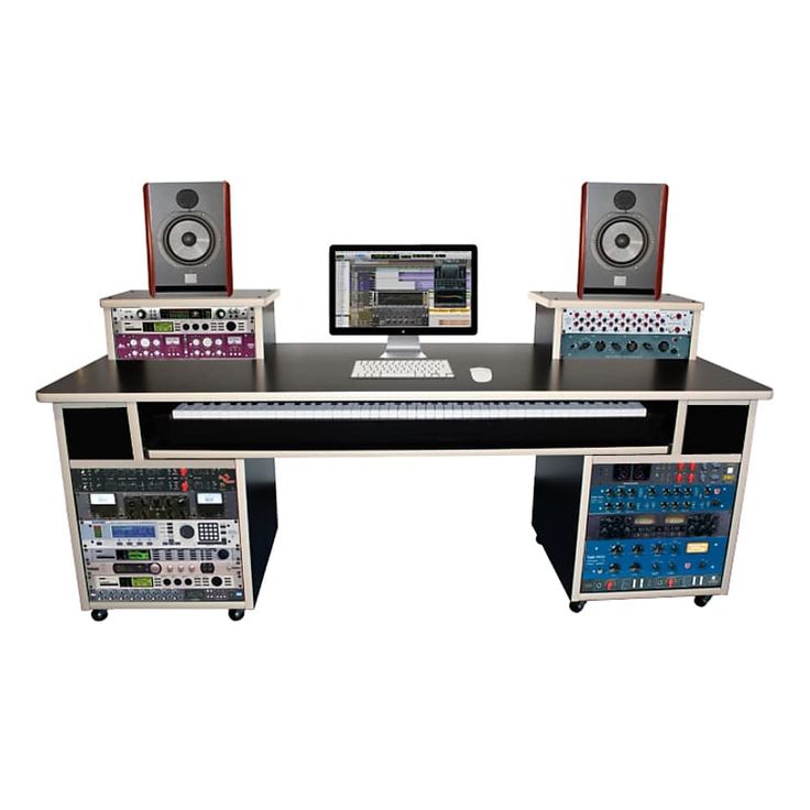 an electronic desk with two monitors and sound equipment