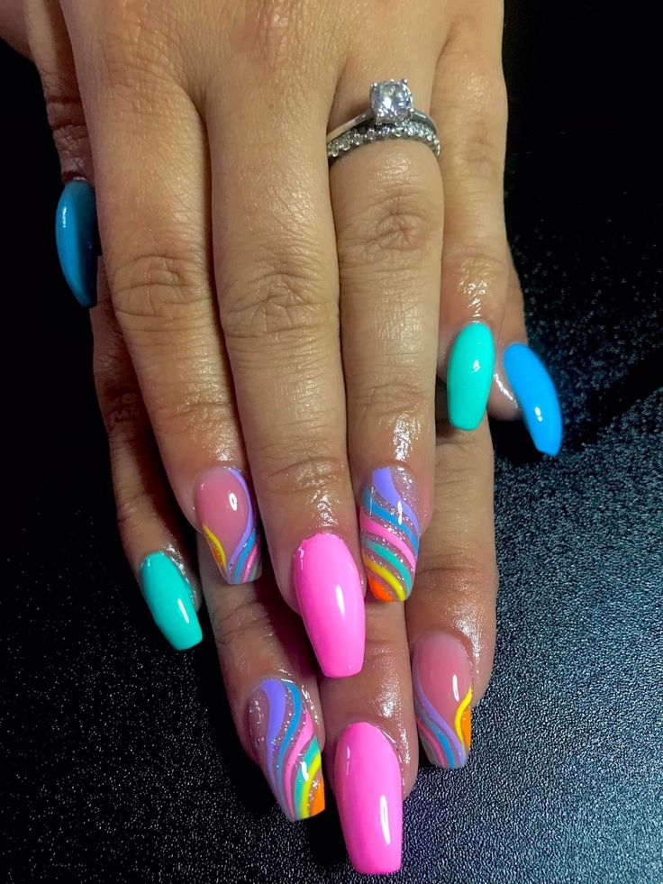 Neon Biab Nails, Bright Colourful Nails, Bright Rainbow Nails, Claire Nails, Summer Nails Bright Colors, Mismatched Nail Art, Bright Gel Nails, August Nails, Summery Nails