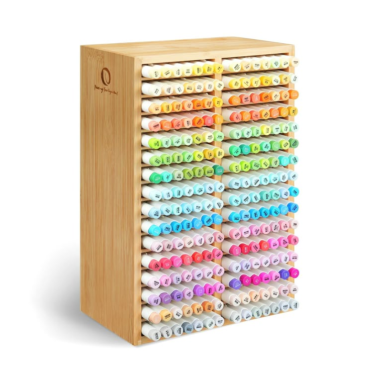 a wooden box filled with lots of colorful crayons