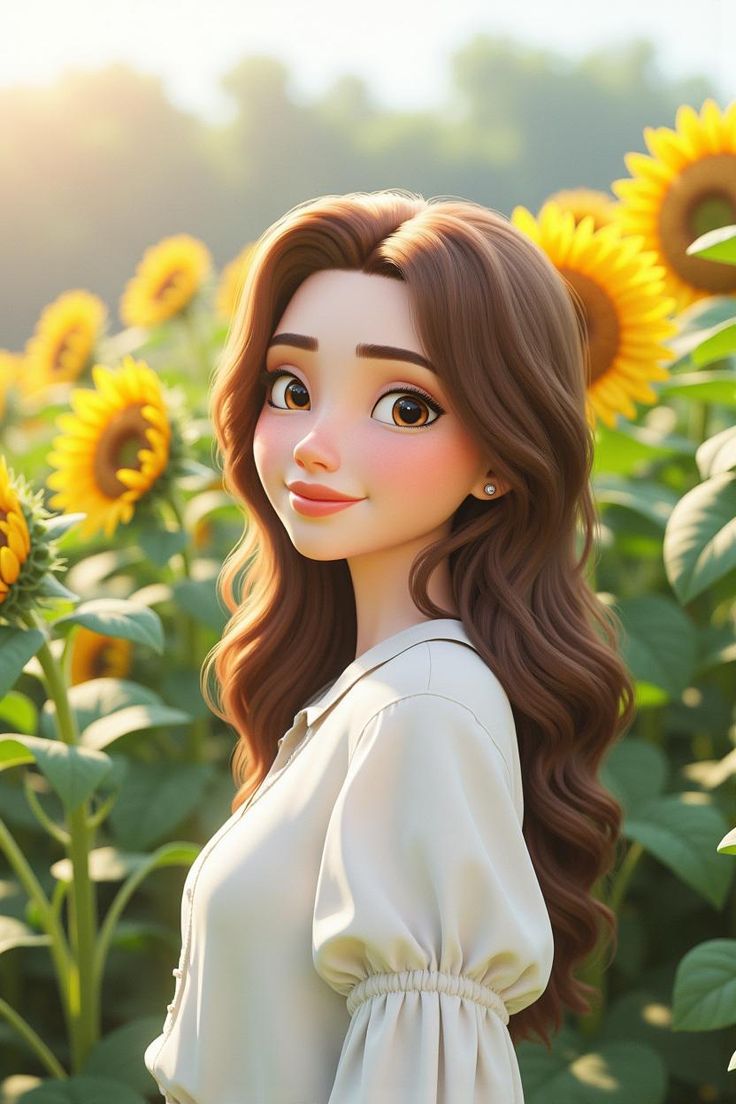 an animated girl standing in front of sunflowers