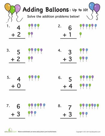 addition worksheet for adding balloons up to 10 with numbers and balloons on them