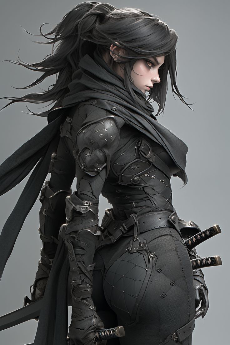 a woman dressed in black and holding two swords