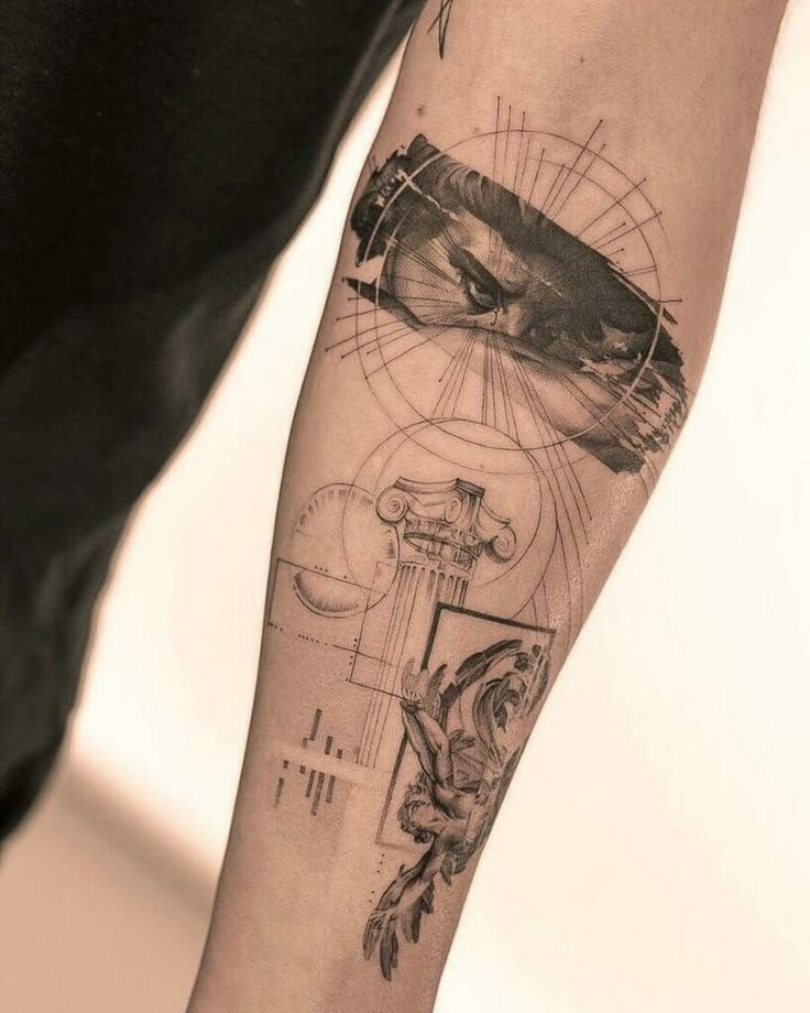 a man with a tattoo on his arm has a clock and other things around him