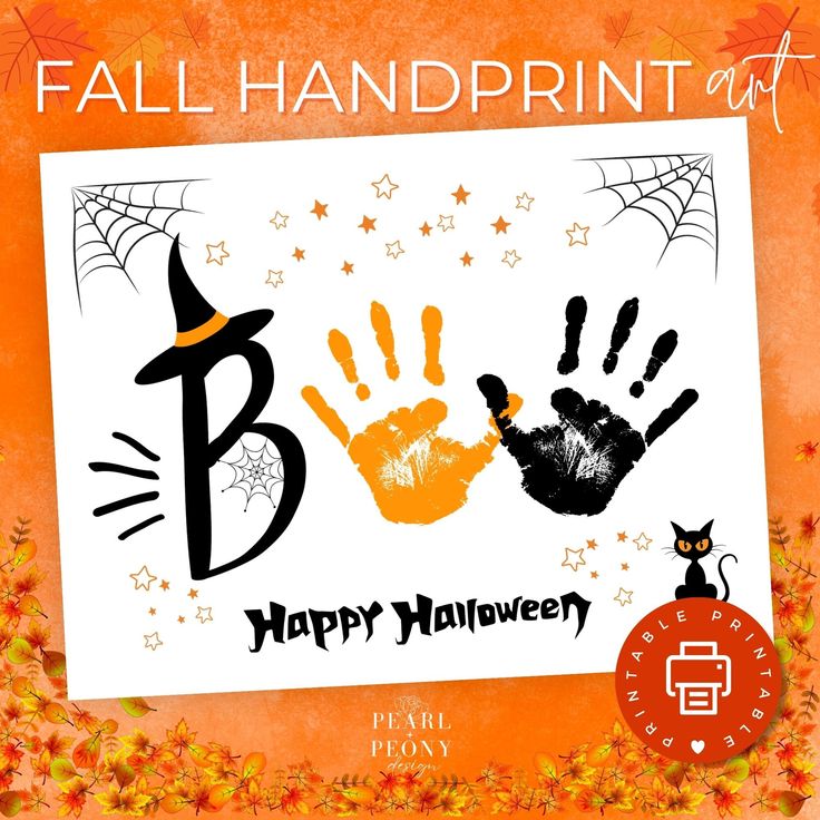 a happy halloween card with handprints and a black cat on the left side