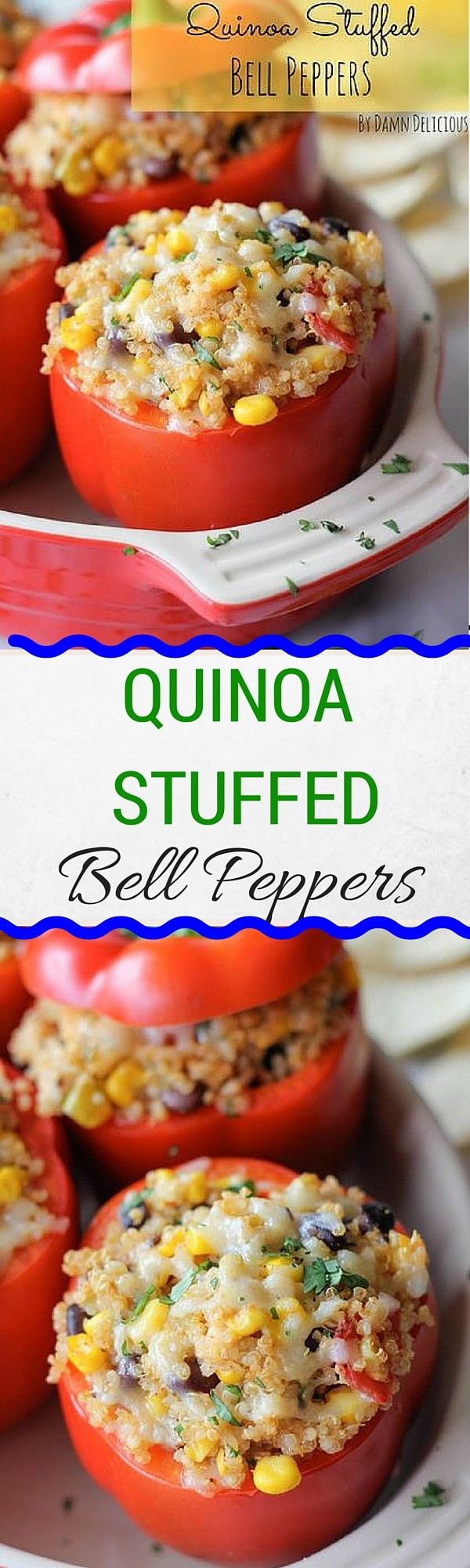 quinoa stuffed bell peppers on a plate with text overlay that reads, quinoa stuffed bell peppers